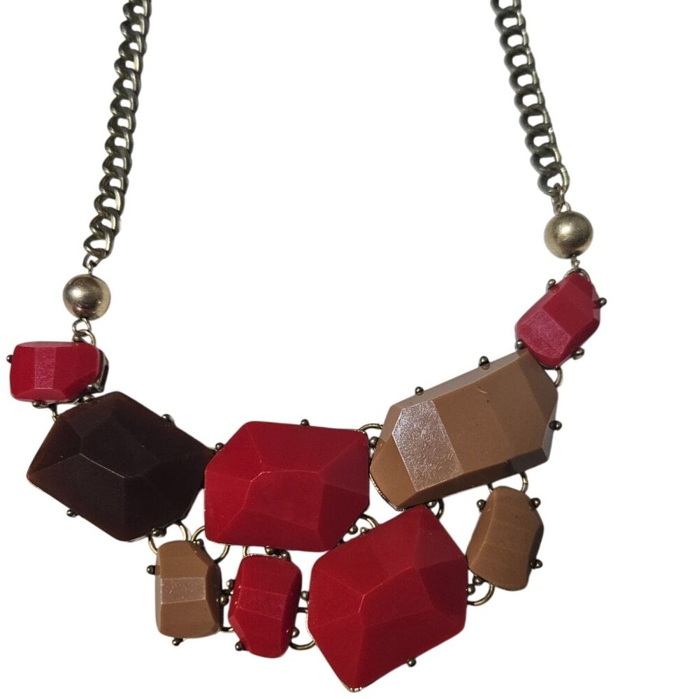 Chunky Red Brown Geometric Statement Necklace Retro Art Deco Fashion Jewelry